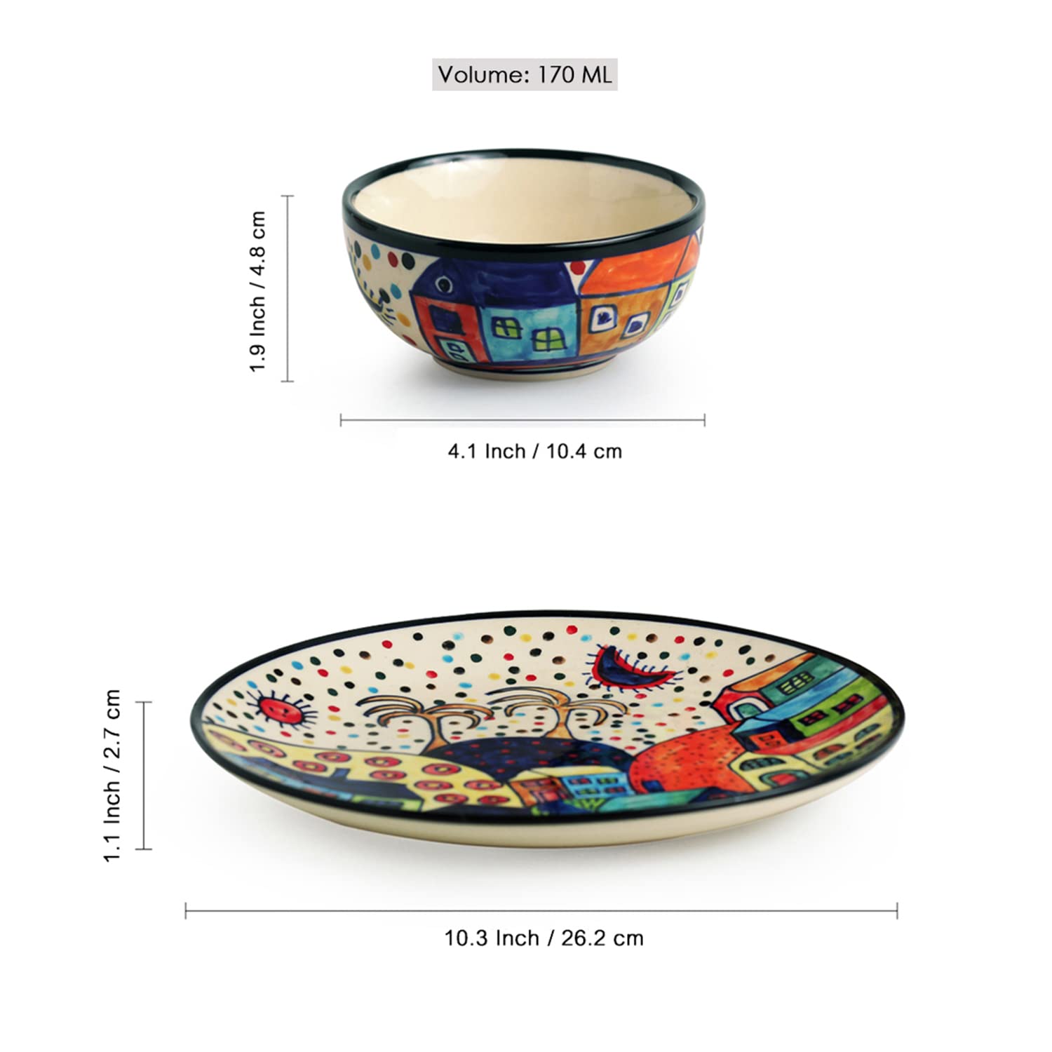 Exclusivelane Hut Dining Handpainted Ceramic Dinner Set Ceramic Plates For Dinner Plates With Ceramic Bowls Katoris (8 Pieces,